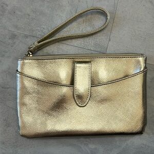Boutique Gold metallic  Saffiano leather wristlet  unique front pocket  cardhold
